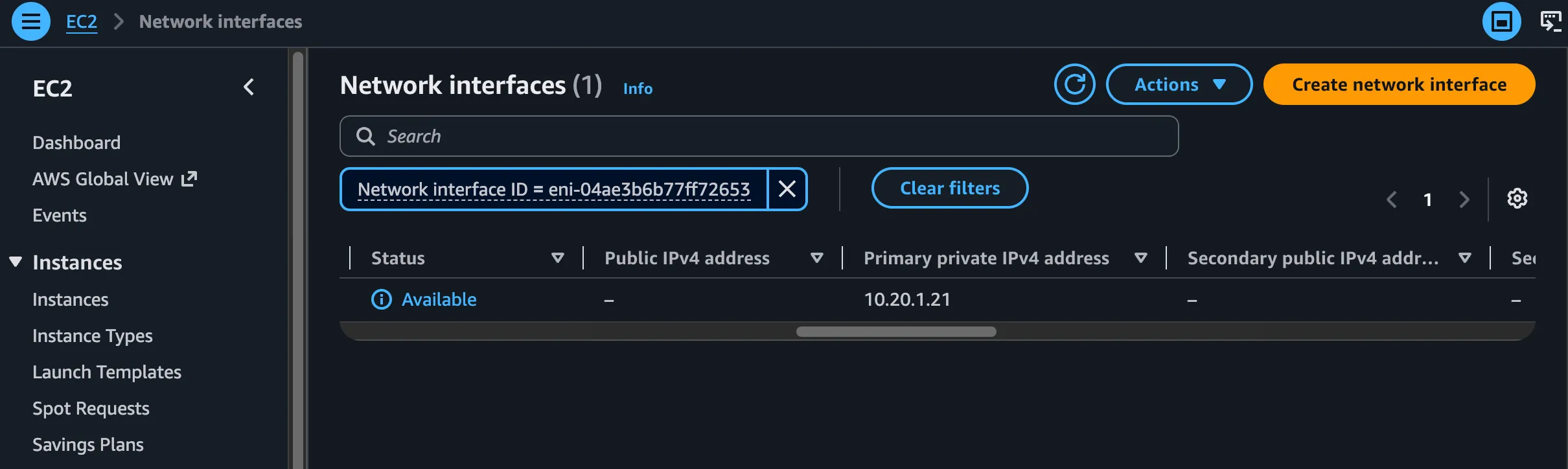 The primary private IPv4 address of an AWS network interface